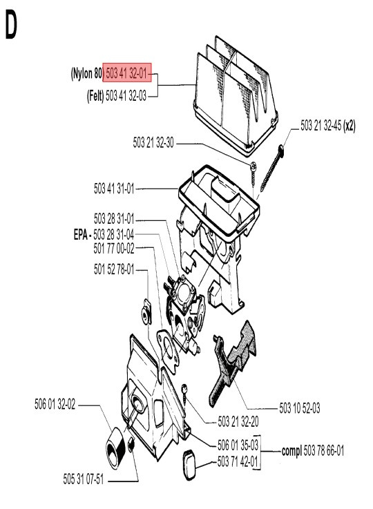 Filtre à air Husqvarna 40, 45, 49, Jonsered 2041, 2045, 2050
