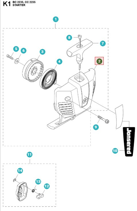 Boîtier de démarreur Jonsered GC2236, BC2235, CC2235, CC2236